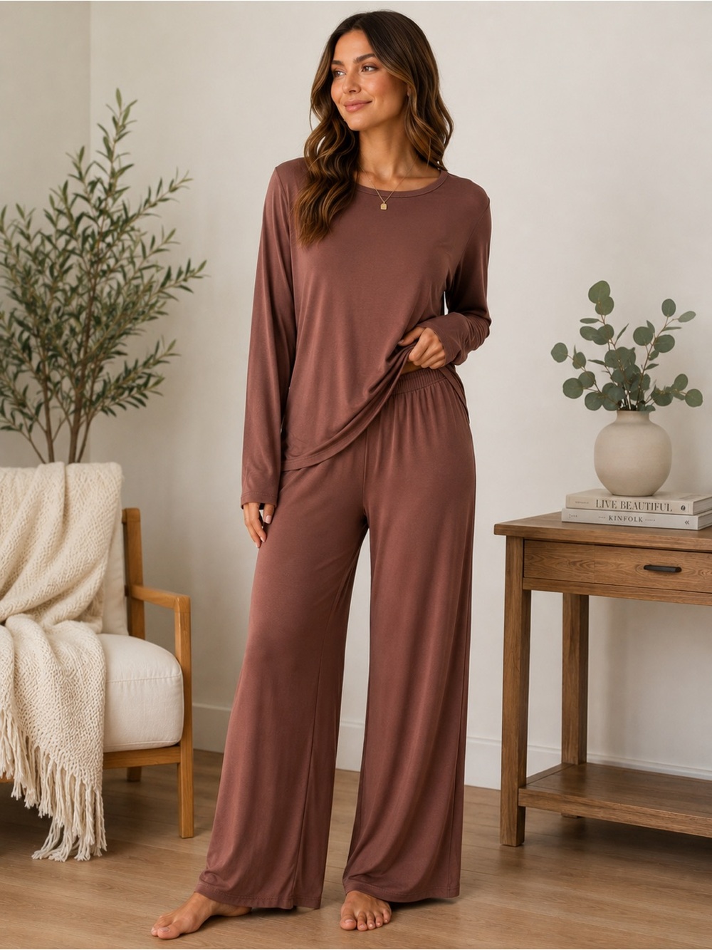 Women's Cozy Wide-Leg Lounge Pantsuit in Mauve NWOT